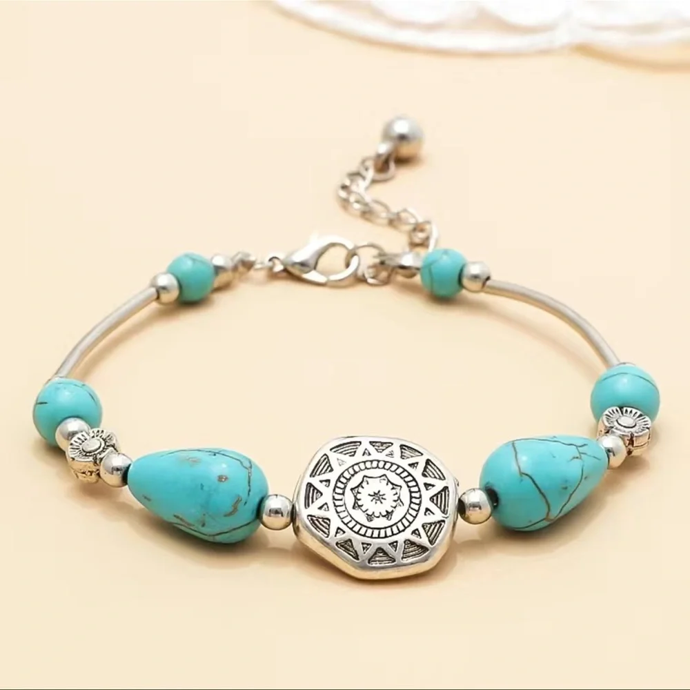 Boho Turquoise Bead Silver Tone Bracelet